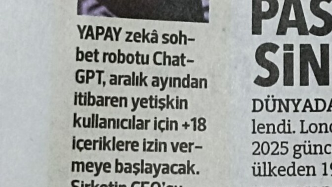 Chat gbt yakında +18 de sohbet etcekmis galiba duydunuz mu?