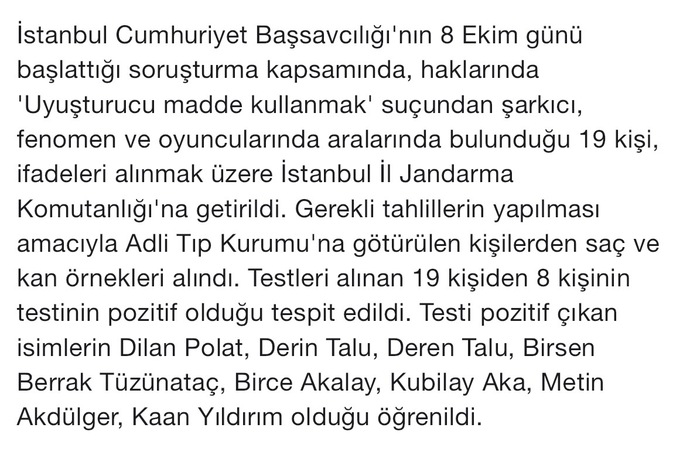 Ünlülere uyuşturucu operasyonunda 8 kişinin test sonuçları pozitif çıktı. Nasıl yorumlarsınız?