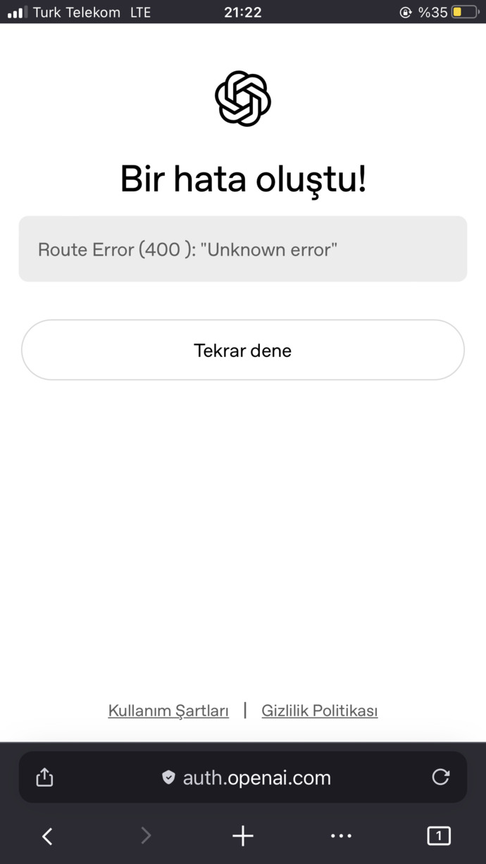 Chatgpt’ye safari üzerinden giriş yapmaya çalıştığımda Route Error (400 ): Unknown error bu sayfa ekranı çıkıyor?