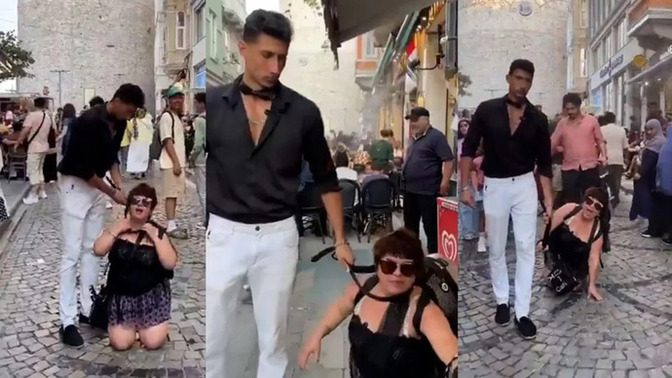 Beyoğlu'nda "itaat eğitimi" videosu için kadına tasma takmış. Böyle video çekenlere müdahale edilmeli mi?