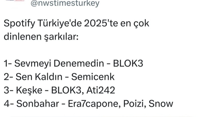 Spotify 2025 Türkiye'de en çok dinlenen şarkılar belli olmuş sizce nasıl bence durum içler acısı?