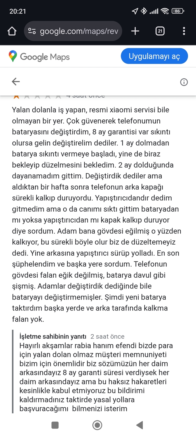 Beni dolandıran bir işletmeye düşük derecelendirme verdim diye tehdit edildim. Ne yapmalıyım?(tehdit resimde)?