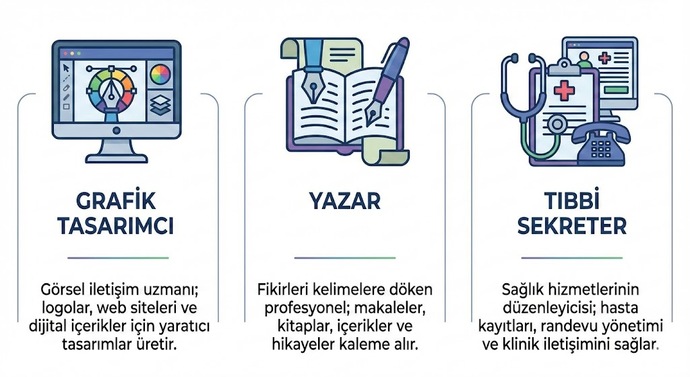 Yazılımcı ve grafık tasarımcı ve tıbbı sekreter ve roman kıtap yazarım sızce mesleklerim nasıl?