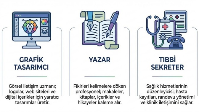 Yazılımcı ve grafık tasarımcı ve tıbbı sekreter ve roman kıtap yazarım sızce mesleklerim nasıl?