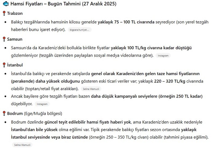 Bugün itibarı ile ülkenin farklı yerlerinden, hamsi fiyatları.
