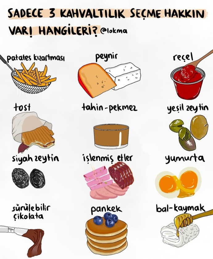 Sadece 3 Kahvaltılık seçme hakkın var hangilerini seçersiniz?
