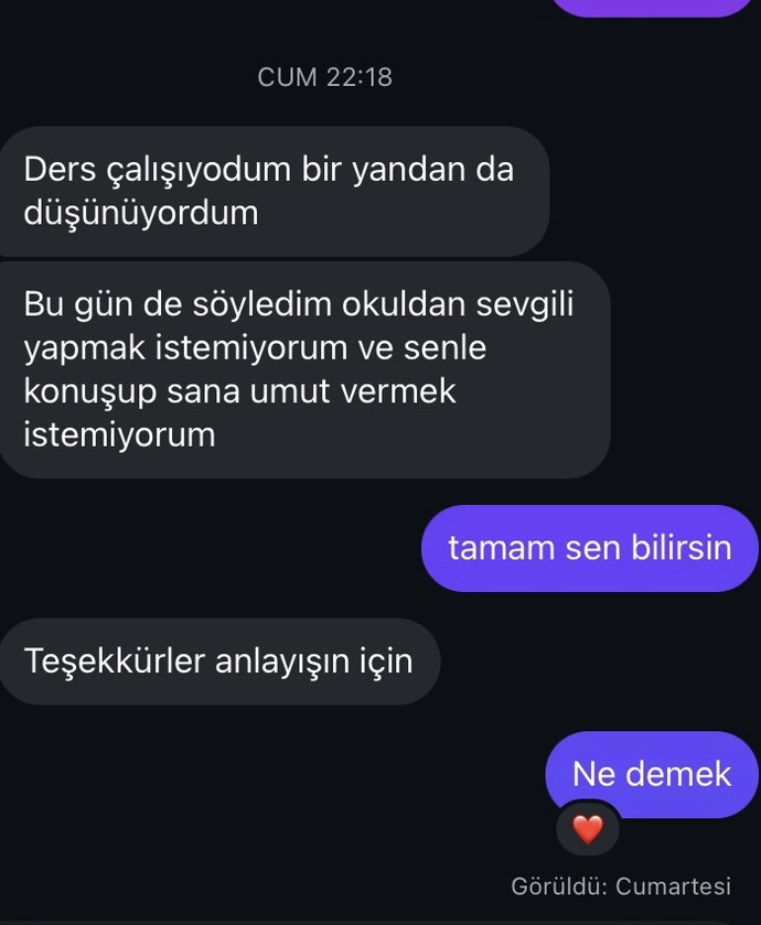 Cuma konuşmayı böyle yazarak bitirdik bugün okuldayken hep sürekli bana baktı sizce neden?