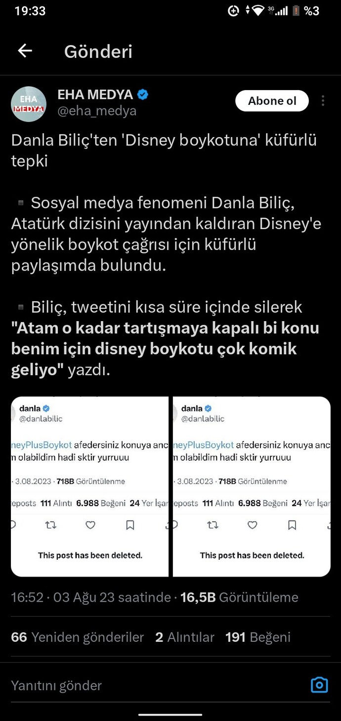 Danla Bilicin Disney plusın Atatürk dizisini kaldırmasına ilk başta tepki gösterip daha sonra farklı bir açıklamada bulunması?