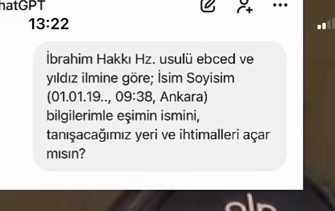 Chat gpt ye bunu yazarsanız gelecekteki esinizin yas isim ve tanısama yılınızı vs soyluyormus ben denemeye gidiyorum