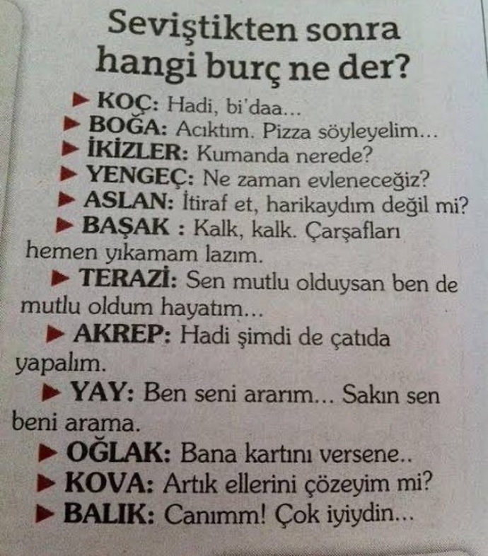 Seviştikten sonra hangi burç ne der?