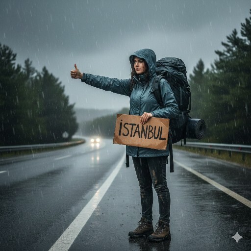 Üstündeki kıyafete göre yağmurlu havada hangi kıyafet ile otostop çekerdin?