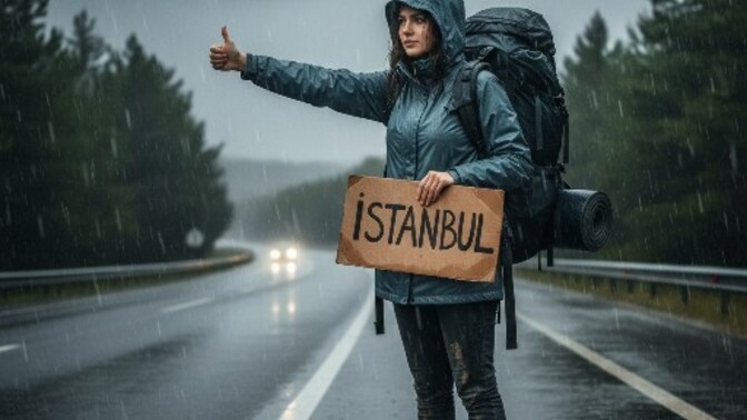 Üstündeki kıyafete göre yağmurlu havada hangi kıyafet ile otostop çekerdin?