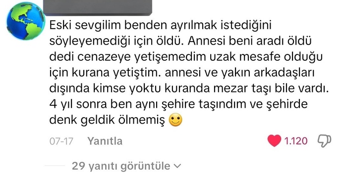 Eski sevgilinizin öldüğü yalanı söylense ne hissederseniz?