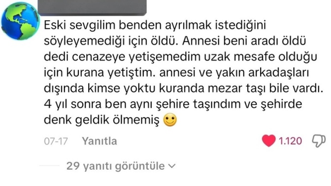 Eski sevgilinizin öldüğü yalanı söylense ne hissederseniz?