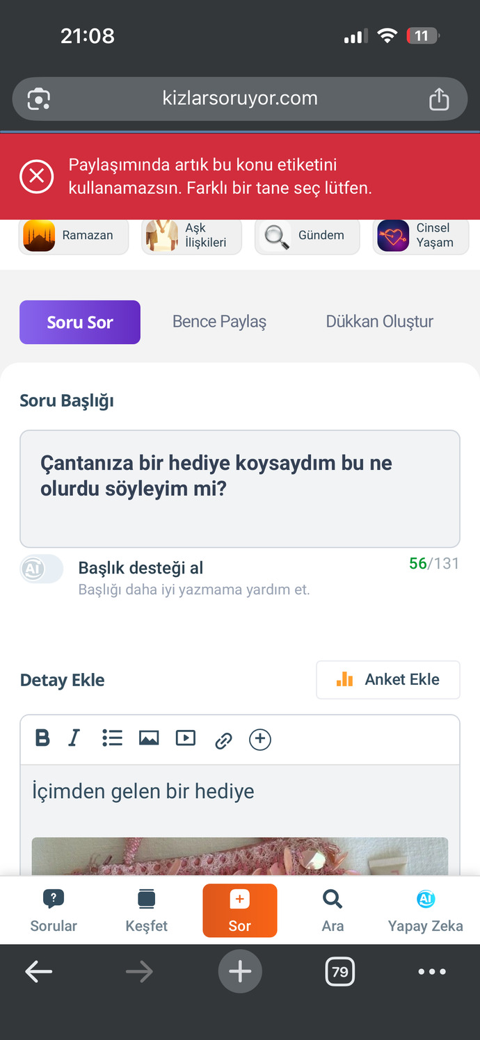 Soru paylaşacağım zaman şöyle bir uyarı çıktı, bu ne anlama geliyor?