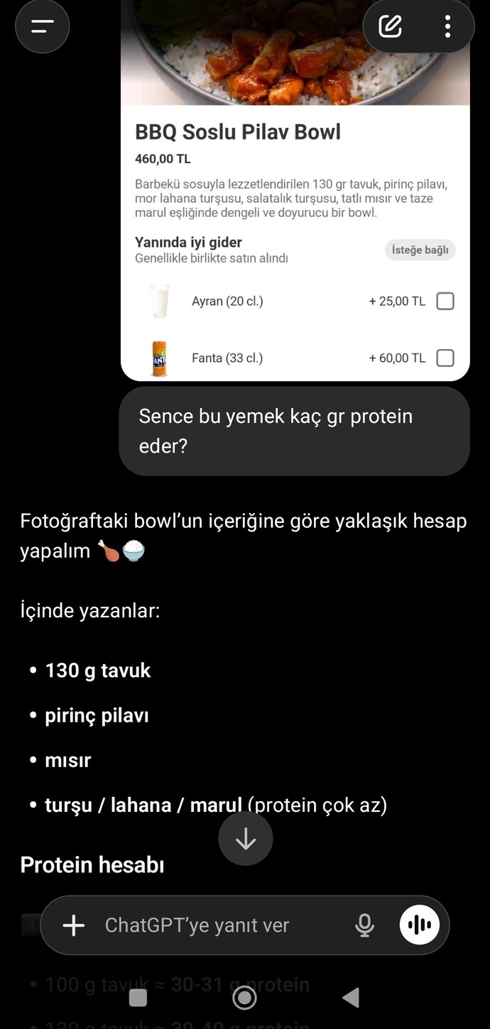 Bu bowlda toplam 40 gr protein varmış bence antrenman sonrasında birkaç ufak proteinli öğün de yenirse günü kurtarır.