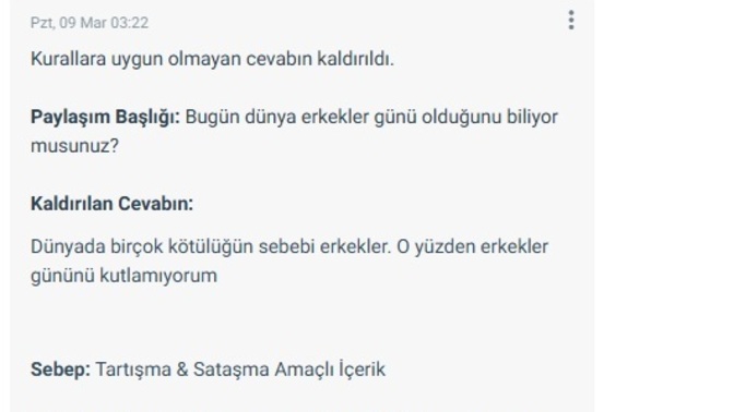 "Erkeklerin gününü kutlamıyorum" dediğim cevabım kaldırıldı. Böyle saçmalık olabilir mi?