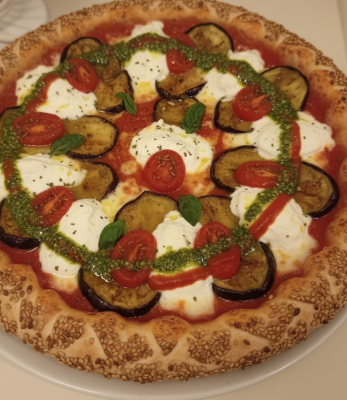 Tarifi ve reçetesi bana ait olan patlıcanlı kremalı, pesto soslu, confi domates ve bol peynirli pizzam nasıl duruyor?