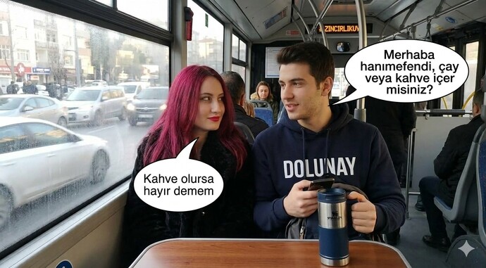 Sabah işe giderken otobüste yanına oturdum masayı kurdum, çay mı kahve mi içersin?