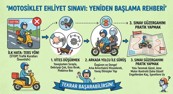 Motosiklet ehliyet sınavı zor mu, ters yöne girdim ve vites düşürmeyi yapamıyorum ne olacak?