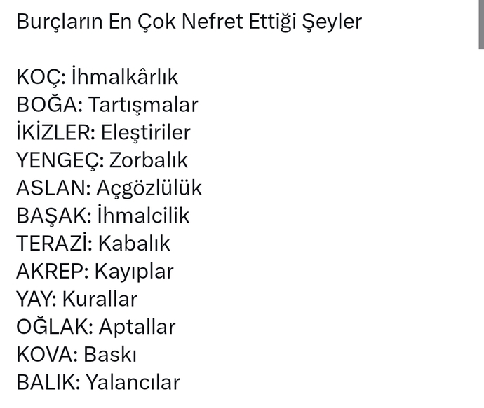 Burcunuza göre en çok nefret ettiğiniz şey nedir?