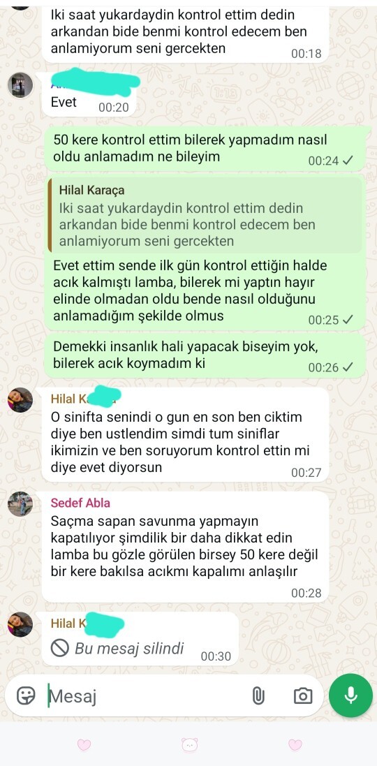Okulda temizlik yapıyorum. Okul grubundakiler ışığı açık unutmuşum diye mobbing yapmamış mı sizce de?
