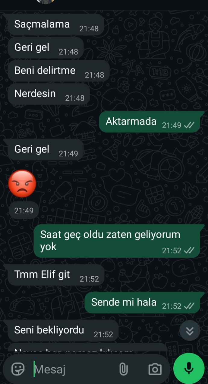O saatte eve dönmüştüm ve kapı duvar diye sinirden geri gitmiştim galiba arkadaşıma shdjdkf mini bir örnek 🥲