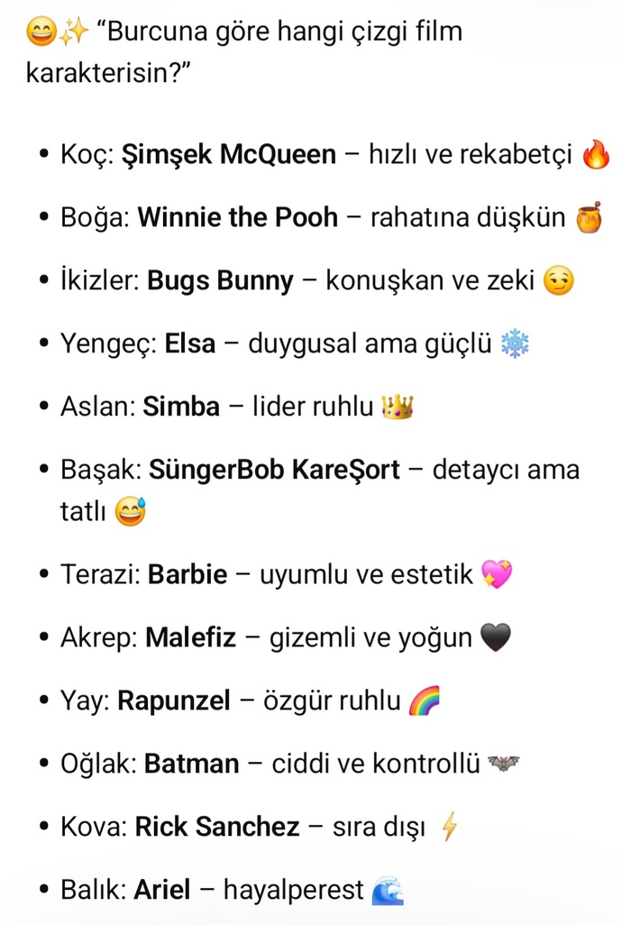 Burcuna göre hangi çizgi film karakterisin😄?
