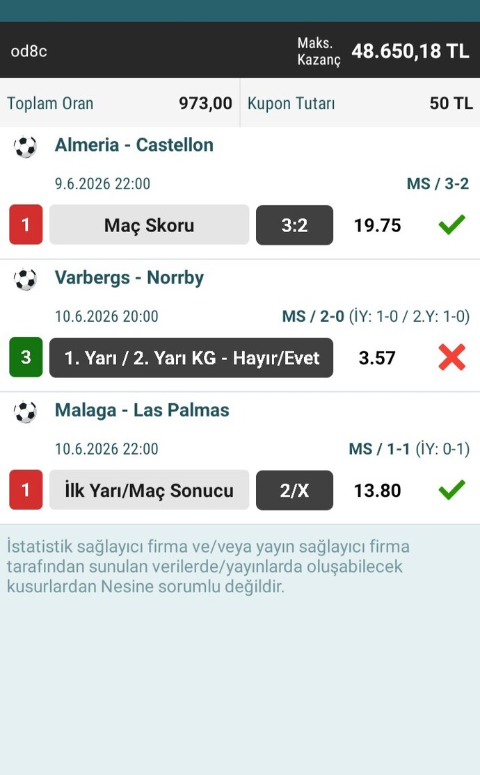 973 oranlık kupon tek golden yattı, norrby tek gol atsa kazanıyordum ne düşünüyorsunuz?
