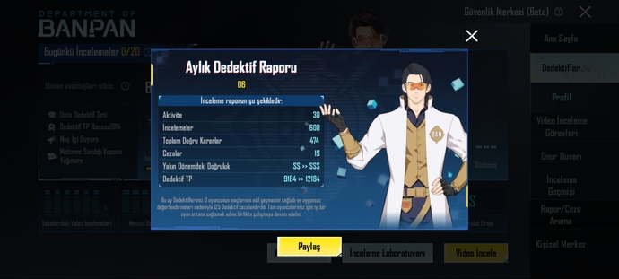 Pubg mobile de aylık dedektif inceleme oranım nasıl iyi mi?