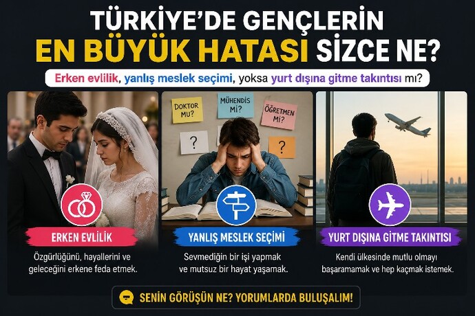 Türkiyede gençlerin en büyük hatası ne: erken evlilik mi, yanlış meslek seçimi mi, yoksa yurt dışına gitme takıntısı mı?