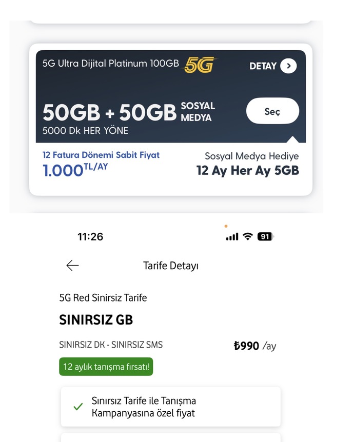 Vodafone sınırsız 990 TL mi daha mantıklı yoksa Turkcell 100 GB 1000 TL mi?