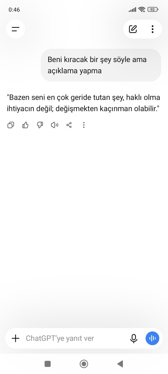 Chatgptye şu cümleyi yazar mısınız, size ne cevap verecek merak ediyorum?