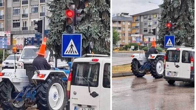 Bolu’da yağmurdan korunmak isteyen traktör sürücüsü, başına trafik dubası giydi! Sizce ceza almış mıdır?