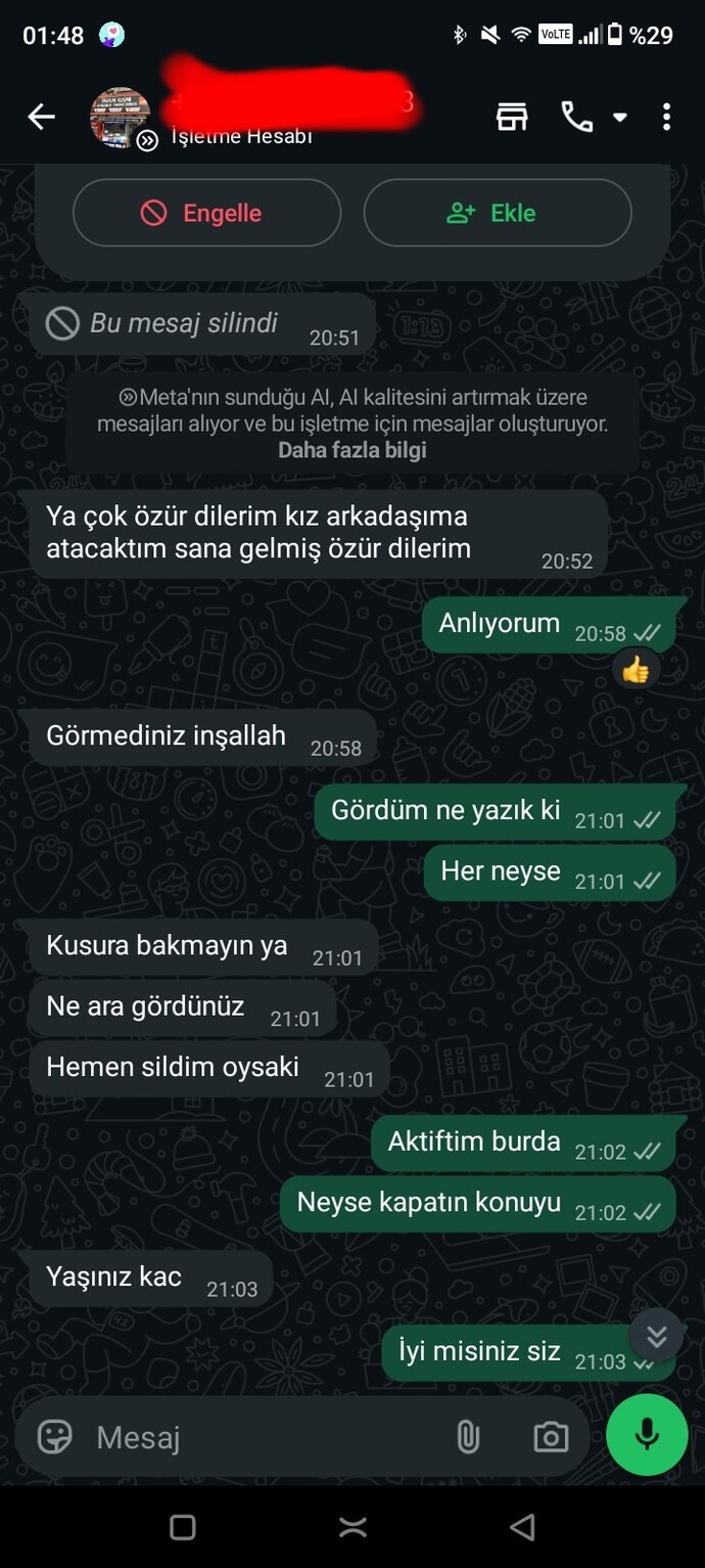 Telefoncu WhatsApp konuşmasında bana özel foto atıp tersledi, böyle bir işletme normal mi?