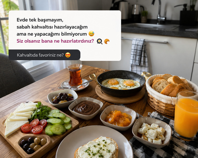 Sabah evde tek başına olsan kendine nasil bir kahvalti ziyafeti hazirlarsin, klasik mi yoksa simartir misin kendini?