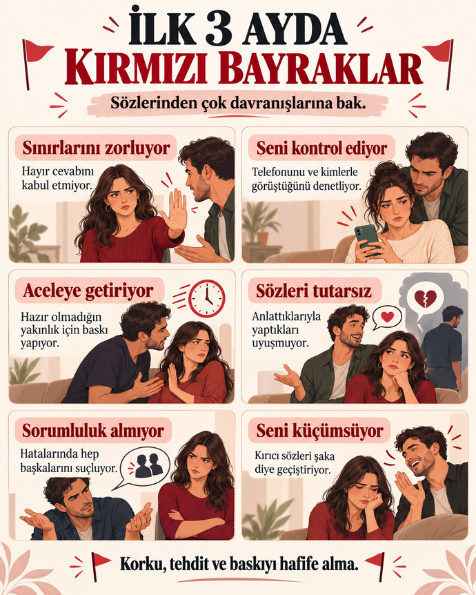 Bir erkekle tanışınca ilk 3 ayda hangi kırmızı bayraklara dikkat etmeli?