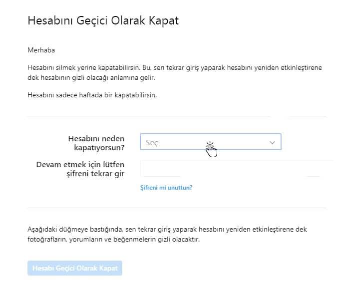 Instagram hesap dondurma