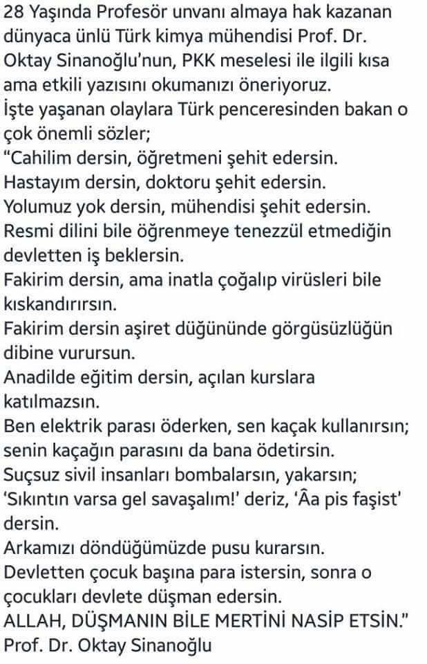 PKK meselesine yazı yazan Prof.Dr.Oktay Sinanoğlunun sözleri sizce nasıl?