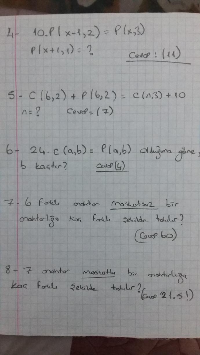 Kombinasyon ve permütasyon ile ilgili matematik sorusu? Yardımcı olurmusunuz?