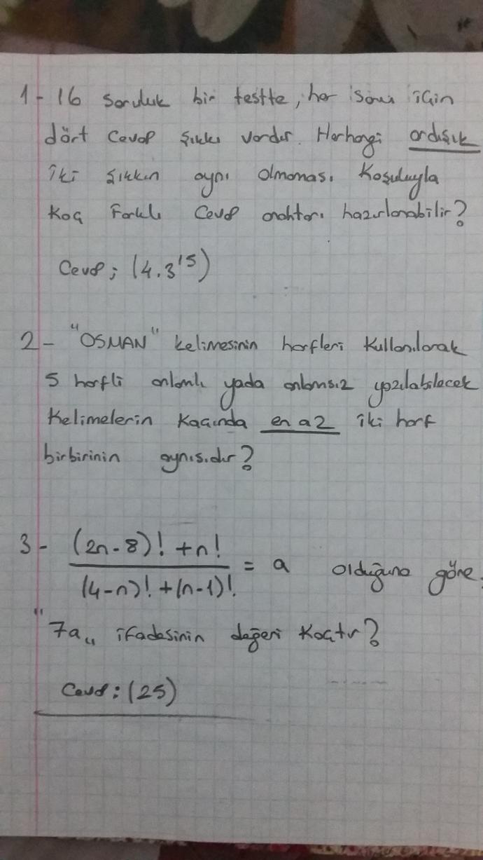 Kombinasyon ve permütasyon ile ilgili matematik sorusu? Yardımcı olurmusunuz? 