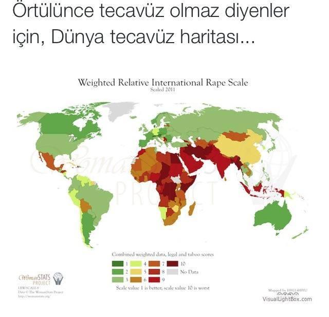 "Örtülünce tecavüz olmaz" diyenler için, Dünya tecavüz haritası?