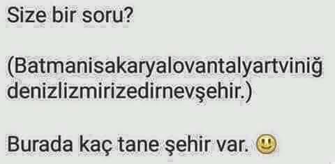Aşağıdaki tabloda kaç tane şehir var? Size bir soru?