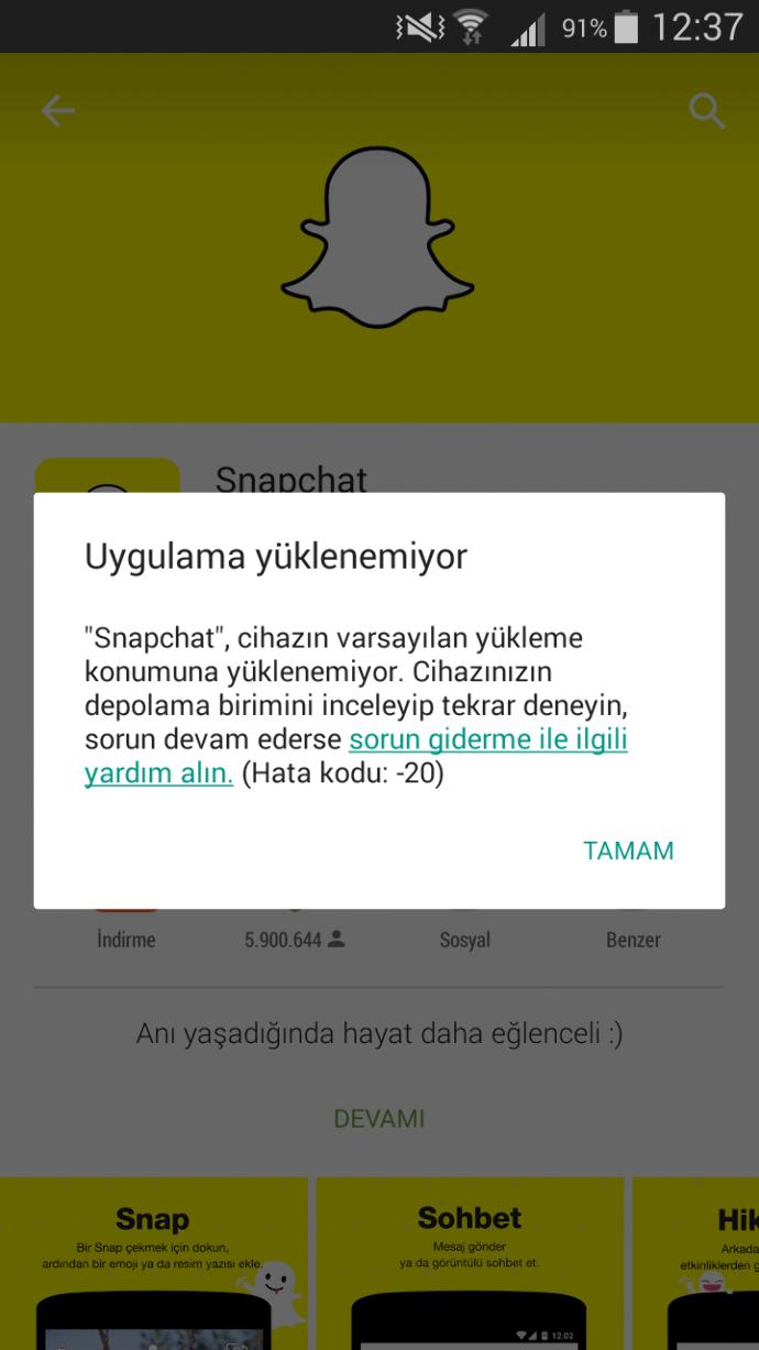 Google play hata veriyor.snapchati indiremiyorum ?
