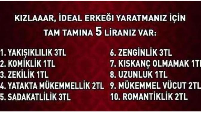 Kızlar ideal erkeğinizi oluşturmak için 5 tl niz var ! Özellikler ve tl karşılıkları detayda?