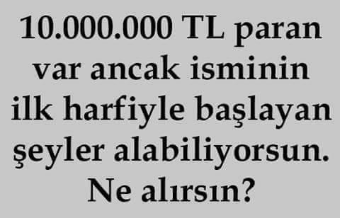 10.000.000 TL paranız var ancak isminizin ilk harfiyle başlayan şeyler alabiliyorsunuz, ne alırsınız?