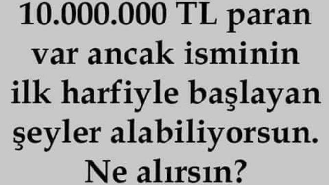 10.000.000 TL paranız var ancak isminizin ilk harfiyle başlayan şeyler alabiliyorsunuz, ne alırsınız?