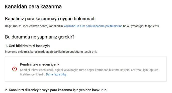 Kendini tekrar eden içerikten dolayı onaylanmayan kanal