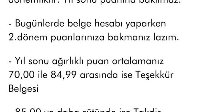 Takdir teşekkür belgesi yıl sonu ortalamasına göre mi alınır?