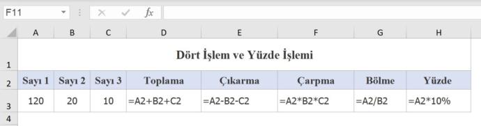 Excel' Dört İşlem